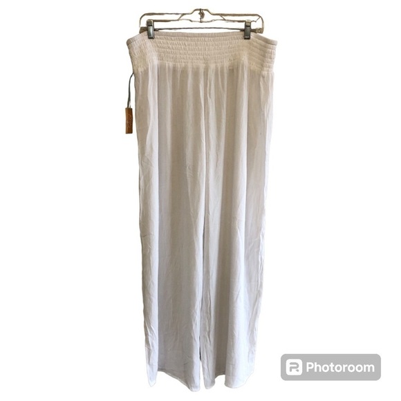 Kona Sol Women's White Smocked Waist Side Slit Gauzy Cover Up Pants Size XL 16 - Picture 2 of 12